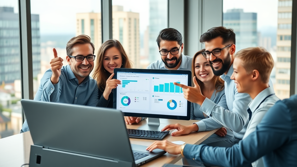 digital marketing team using link building strategies in modern office, collaborating confidently
