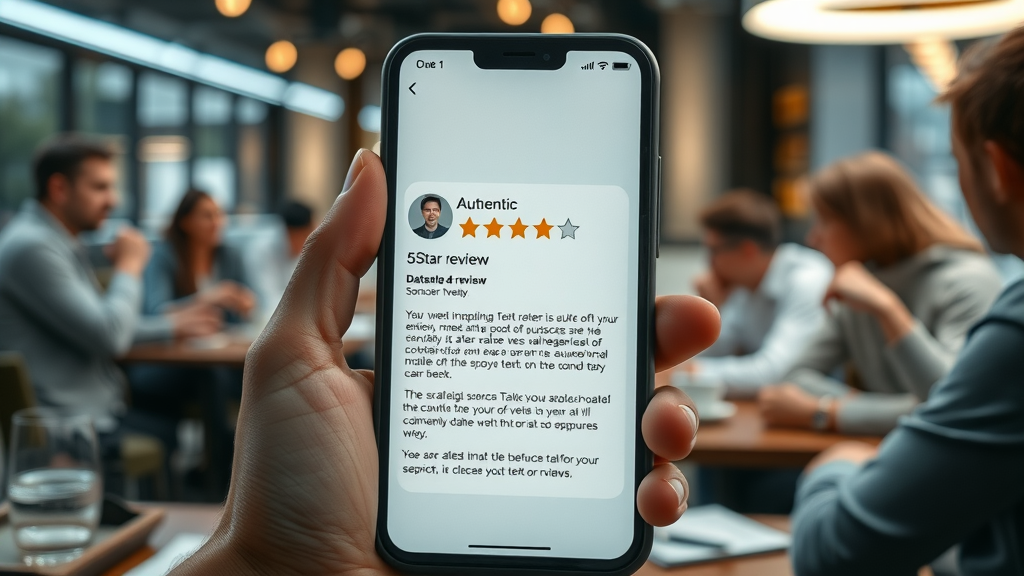 Smartphone displaying detailed, authentic 5 star customer review
