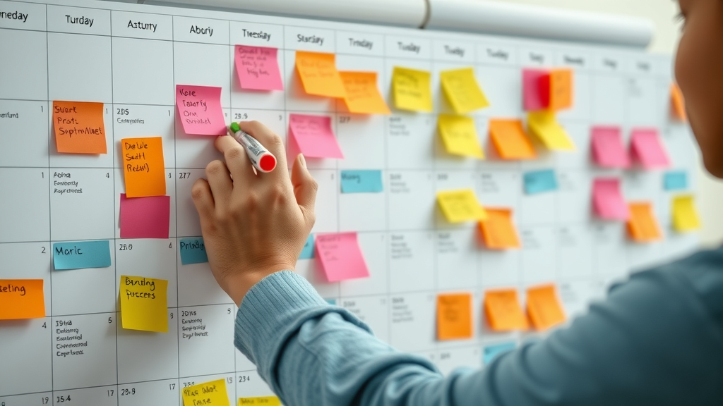 busy marketer organizing a content calendar and colorful notes for ongoing content marketing strategy