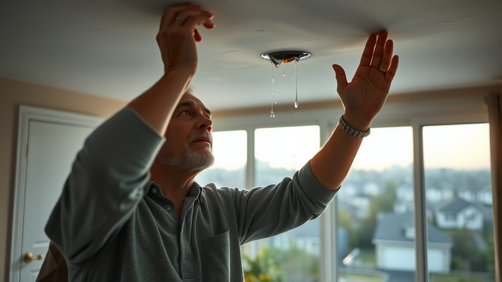 Staten Island home with a concerned homeowner inspecting ceiling for water damage - roof leak repair staten island