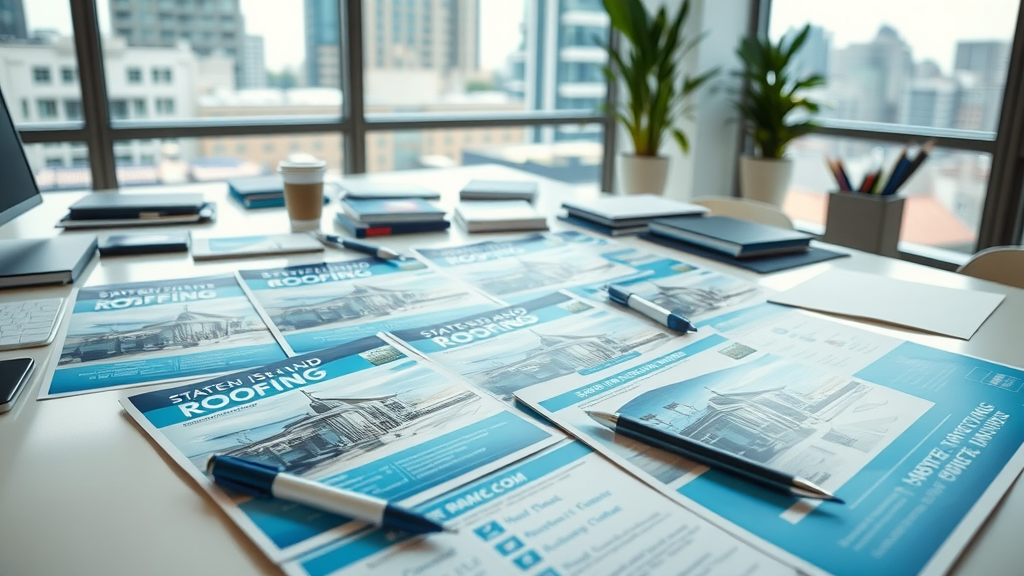 Desk with Staten Island roofing company brochures comparing features and services - staten island roofing company comparison