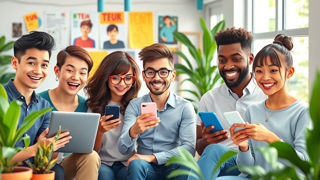 diverse group of professionals creating engaging social media marketing content Monmouthshire, vibrant office atmosphere, social media notifications, collaborative energy