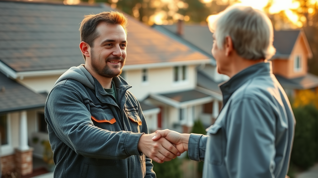 Trustworthy roofing contractor shakes hands with a satisfied Staten Island homeowner - reliable roof leak repair staten island