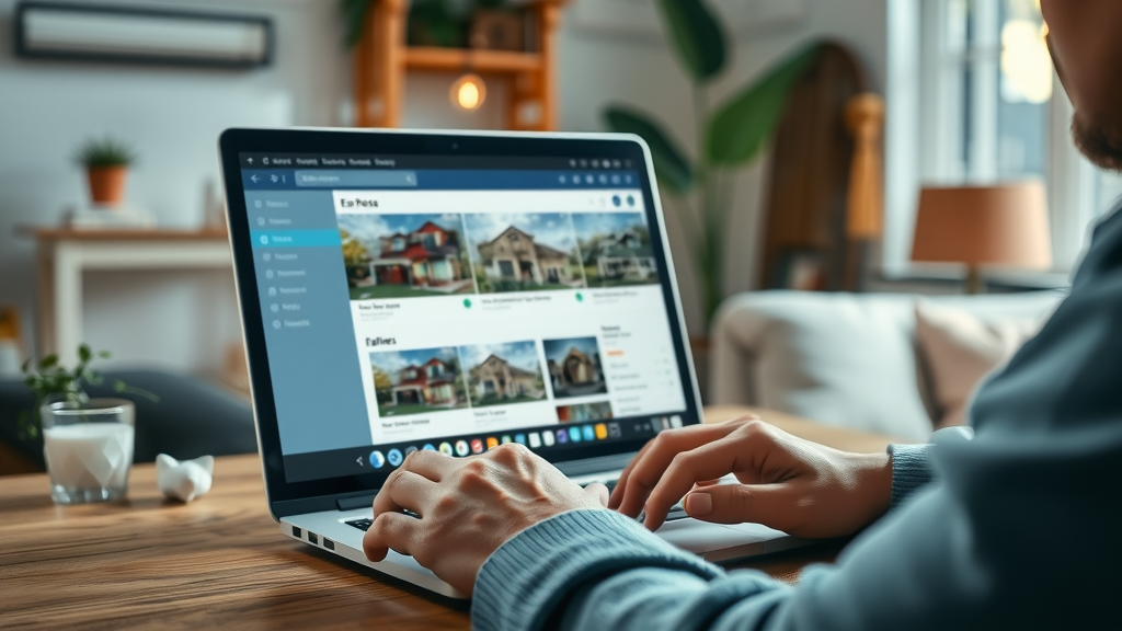 a person using a laptop, focused, browsing Miami real estate listings, Miami property search tools in a cozy home office, detailed and dynamic screen display