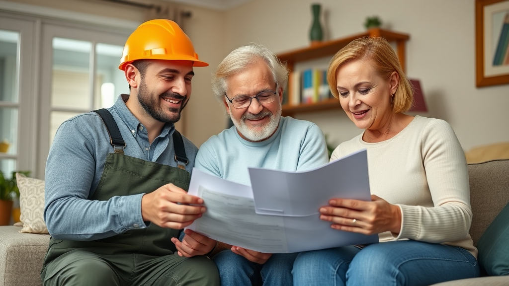 roofing contractor staten island - consultant meeting with homeowners reviewing roof repair paperwork