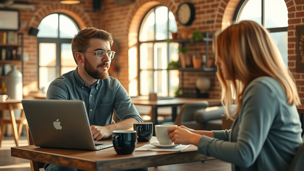 local business owner collaborating with blogger on guest blogging and local link building in cafe