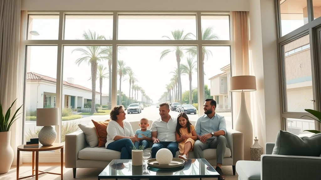 Modern Orange County home interior with sunlight and a family relaxing together