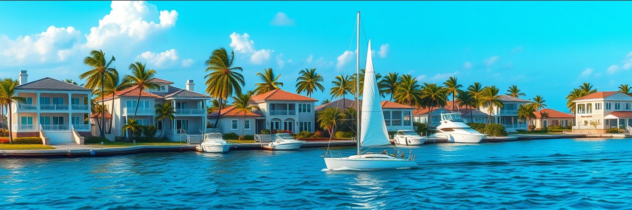 Upscale coastal homes with sailboat, highlighting real estate market trends