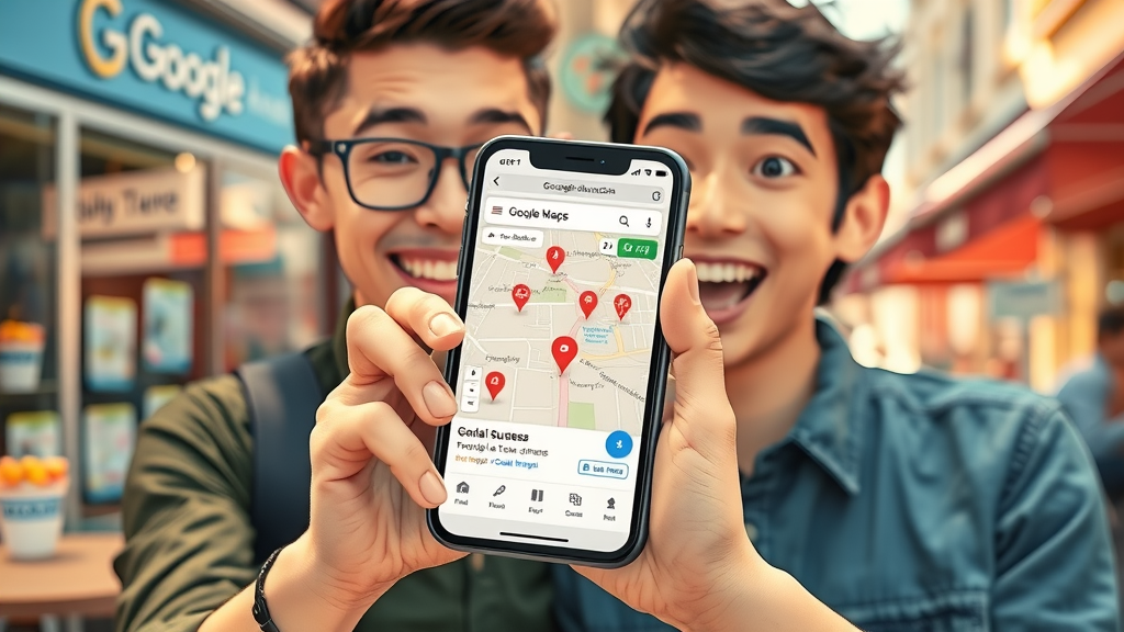 Google Maps app open on phone, customer searching for local business, optimizing for local pack and map results