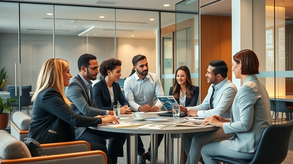 Expert real estate team collaborating in modern office for best client outcomes.