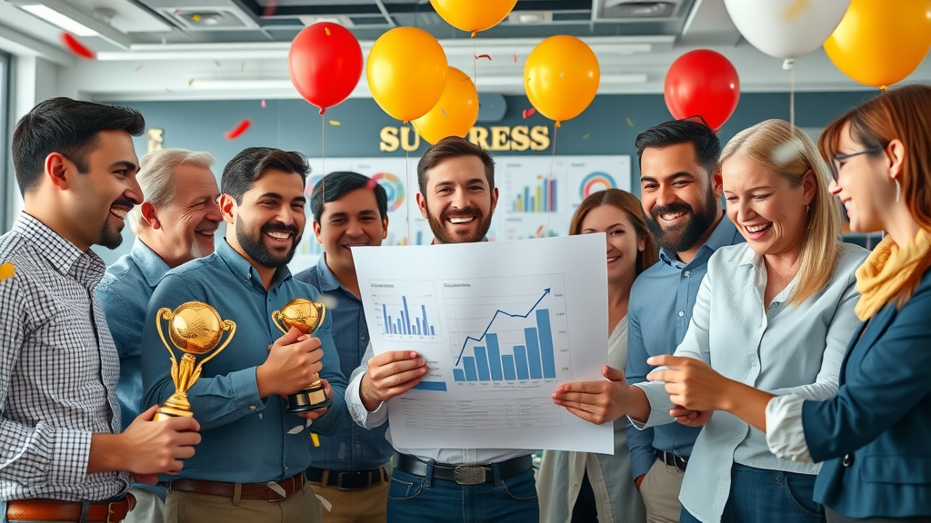 Entrepreneurial team celebrating a successful 2025 business plan in a vibrant workspace