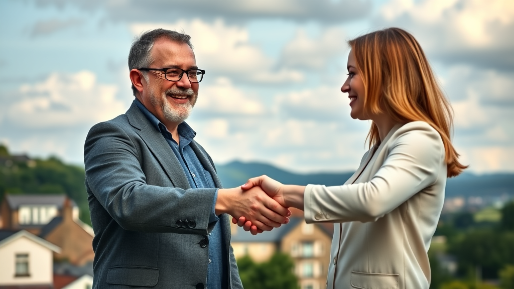 inspiring business owner shaking hands with digital marketing consultant, forming a partnership for social media marketing Monmouthshire, local landmarks in background.