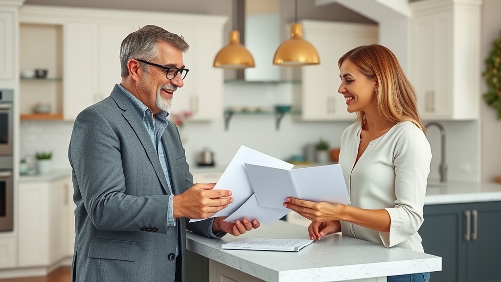 Realtor advising homeowners in modern kitchen, home selling tips in action