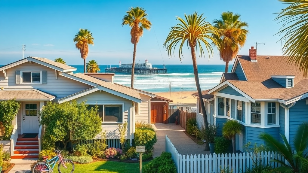 Cozy Huntington Beach homes near the pier with gardens, bikes, and sunlit sky.