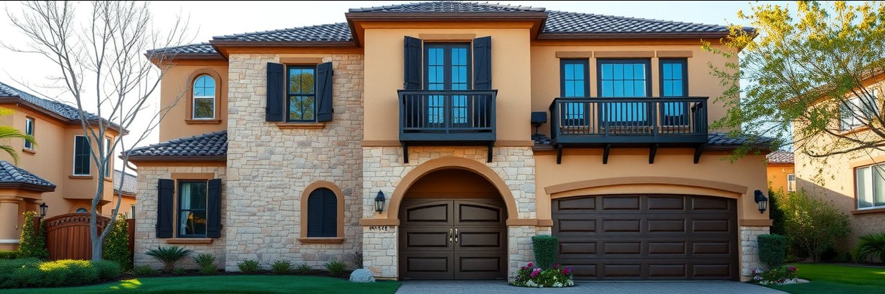 Mediterranean-style home exterior, ideal for home buying services, sunny front yard.