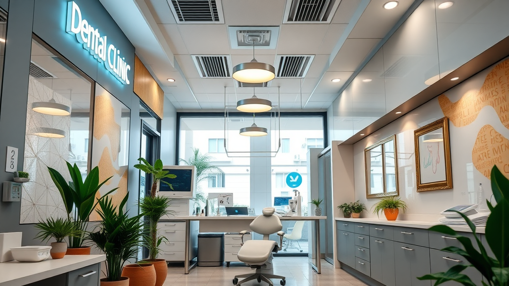 Vibrant dental clinic in Miami offering teeth whitening in Miami, modern design, energetic mood, bustling urban street scene
