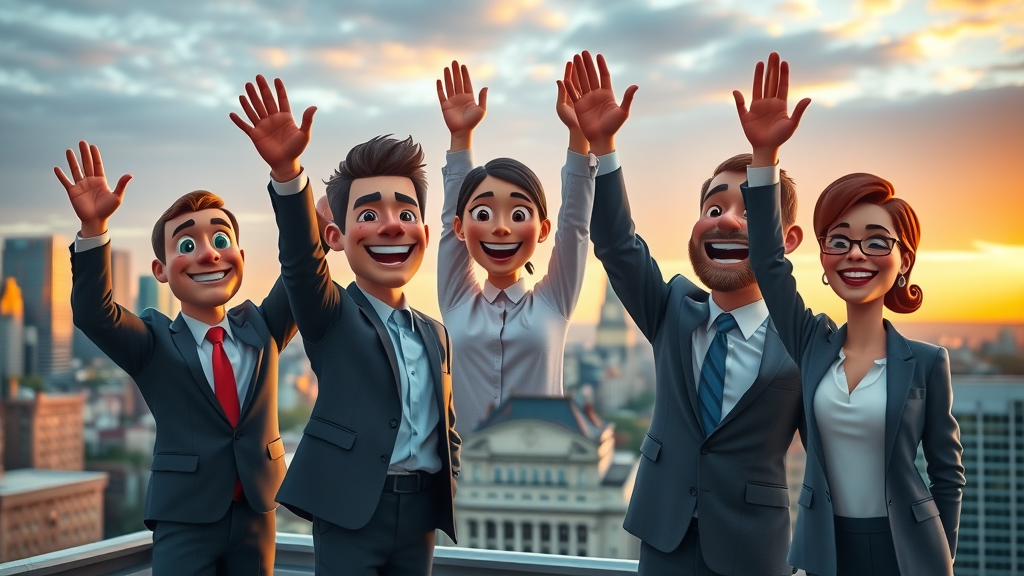 Triumphant Minneapolis business group raising hands in unity for local business growth