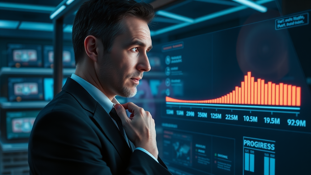businessperson tracking off-page SEO timeline, futuristic interface, cinematic lighting, progress bar