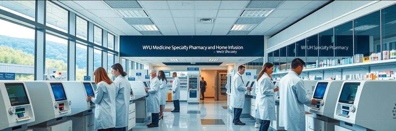 WVU Medicine specialty pharmacy interior with pharmacists assisting patients
