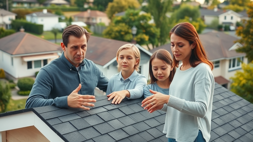 modern Staten Island suburban home, family surveying roof, considering roof replacement staten island, visible shingles, neutral lighting, highly detailed residential backdrop