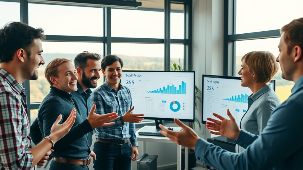creative digital marketing team discussing social media strategies and analytics for Monmouthshire businesses, collaborative agency media management.
