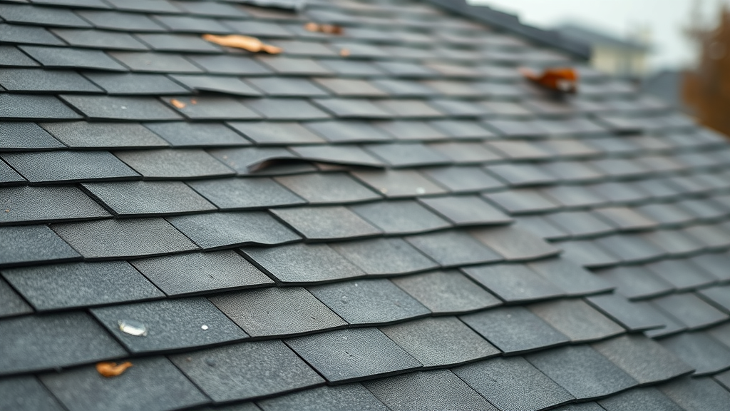 Close-up Staten Island roof with missing and curled shingles after rain - staten island roof leak repair sign