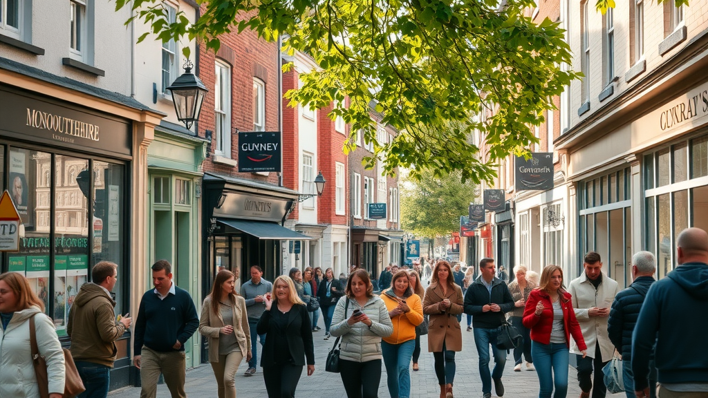 Vibrant townscape of Monmouthshire bustling with local businesses, historic Welsh architecture, and people engaging in creative marketing activities.