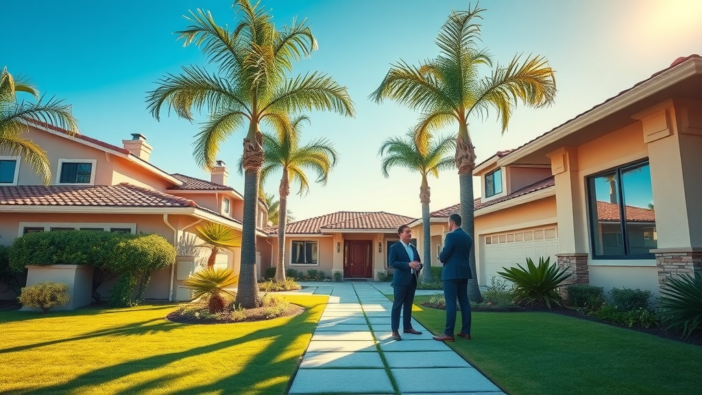 Buying homes Orange County real estate, coastal neighborhood streetscape with homes.