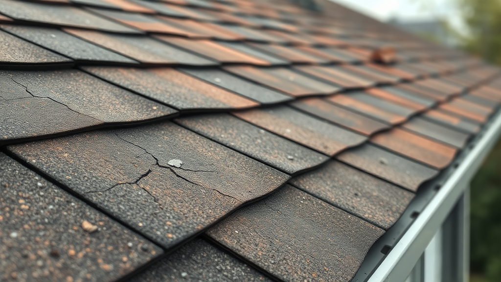 Close-up of damaged asphalt shingles on roof after storm, roof inspection staten island, photorealistic.