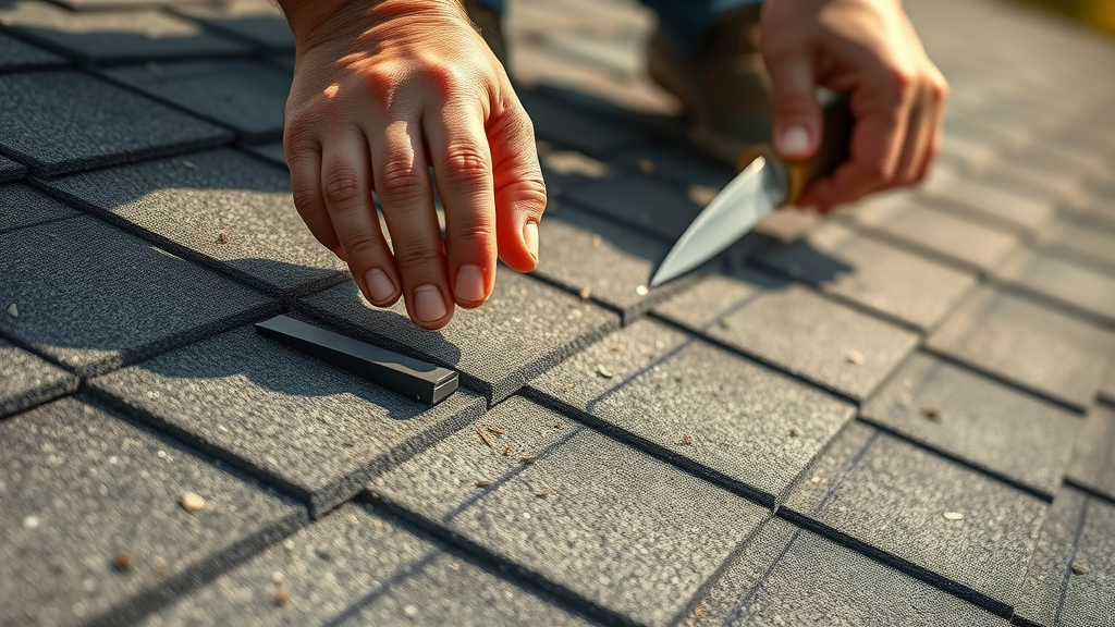 roof repairs - Staten Island roofer patching damaged shingle, closeup, budget fix