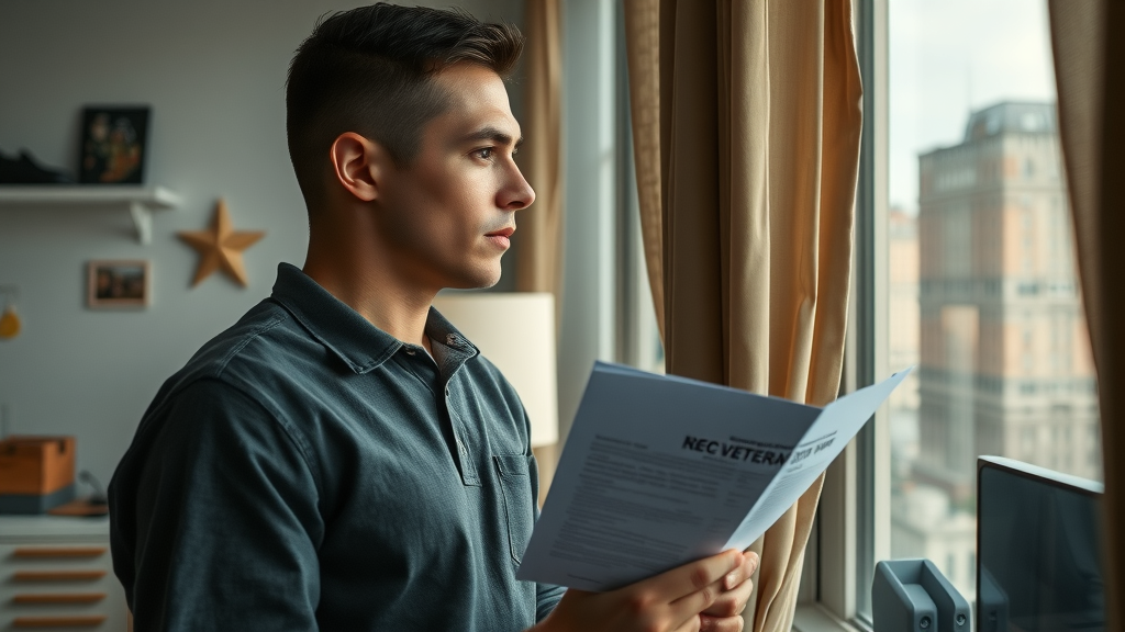 empathetic young adult veteran holding paperwork looking out the window, contemplating secondary claims to PTSD in an apartment, with military mementos