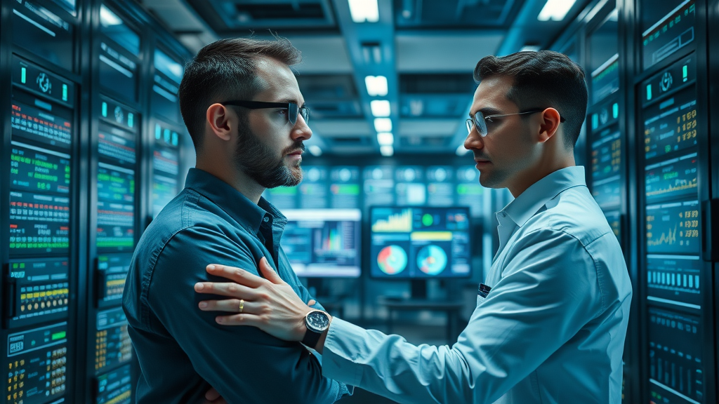 Modern server room with SEO analytics dashboards visualizing data streams and insights