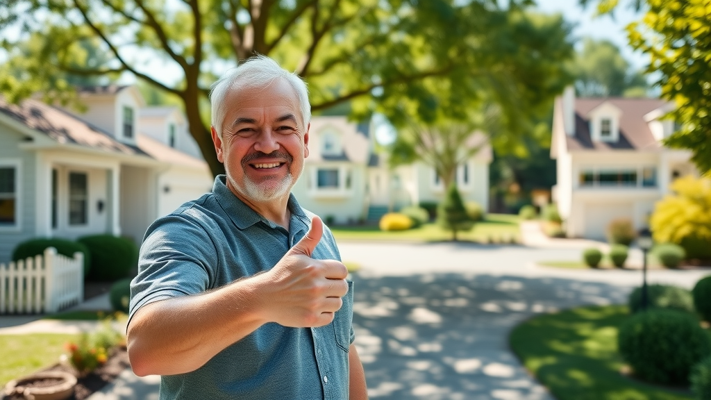 cheerful Staten Island homeowner, new roof installed by reliable roofing company, satisfied expression, sunlit residential neighborhood, roof replacement staten island