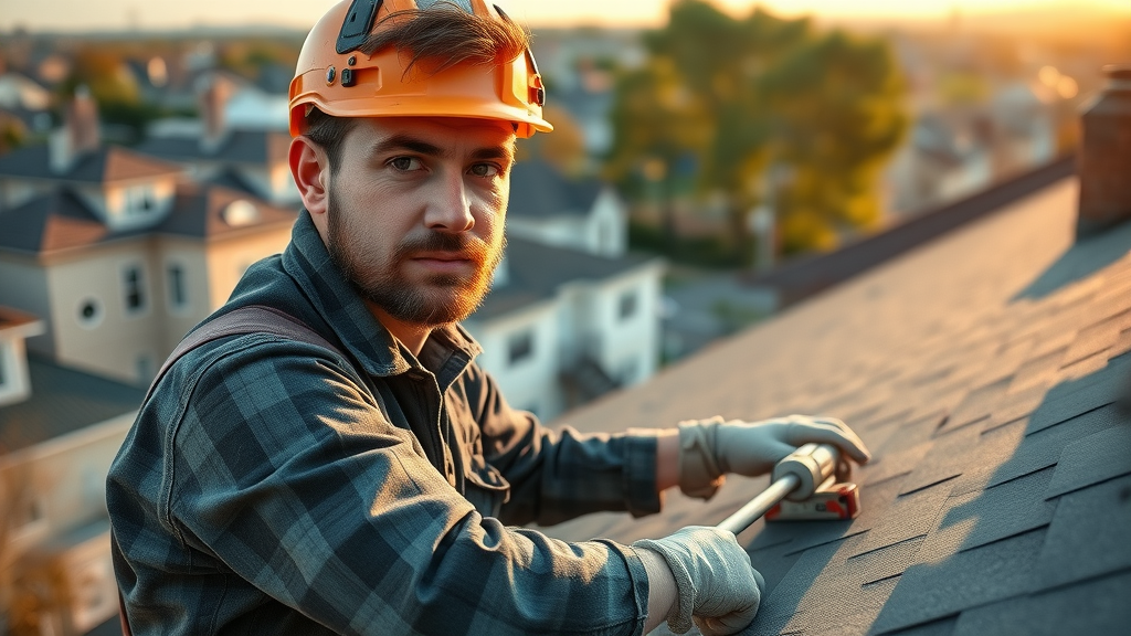 diligent professional roofing contractor, installing new shingles on a Staten Island home, expert roof replacement staten island in progress, warm sunlight, cityscape background