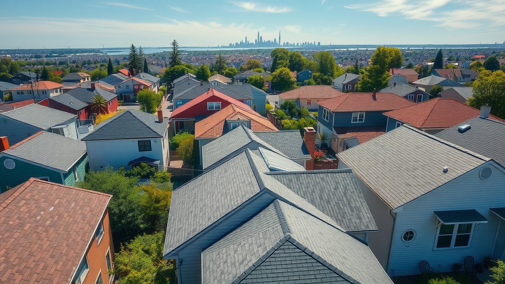 Aerial view of residential roofs in Staten Island in pristine condition – roof inspection staten island, urban skyline, wide-angle, photorealistic.