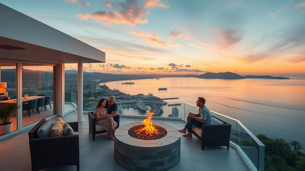 Contemporary Newport Beach villa with family, harbor view, sunset, fire pit.