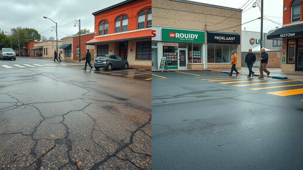 Split-screen before and after view: Muskegon parking lot with and without cost-effective seal coating applied, showing dramatic transformation