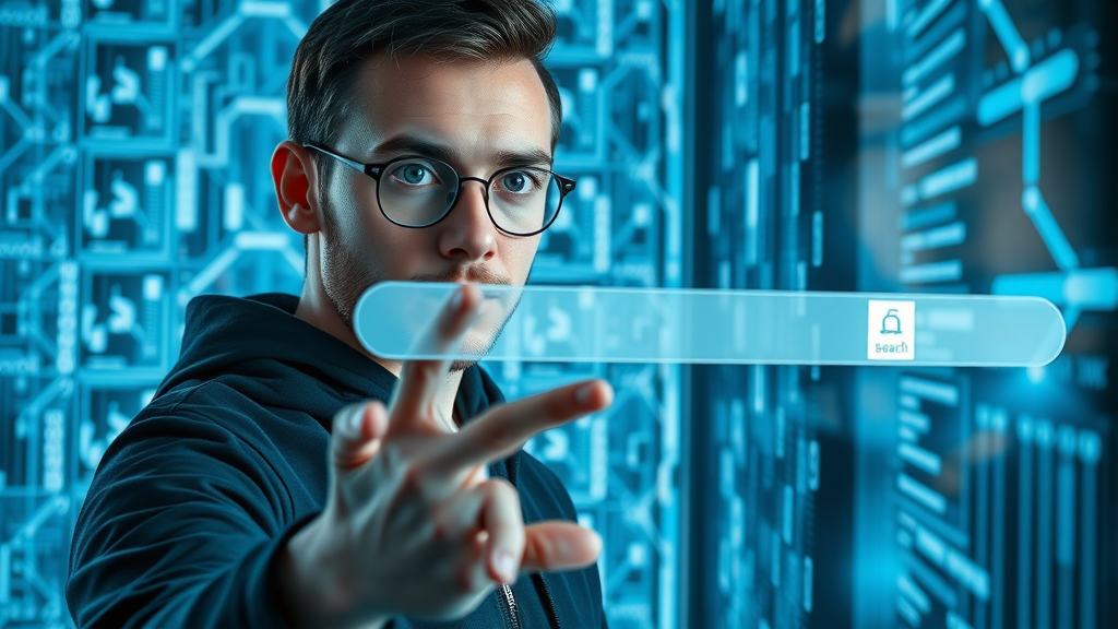 search engine optimization user interacting with futuristic search engine interface