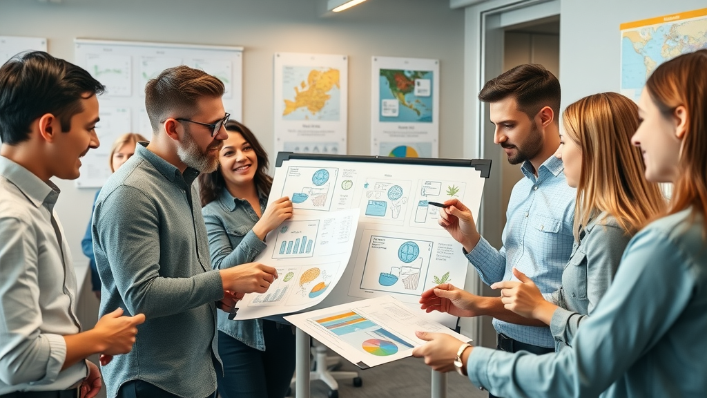 Monmouthshire marketing team brainstorming creative campaign visuals, digital whiteboards, diverse professionals in lively office with local branding, subtle campaign motion, no disfigured limbs or text