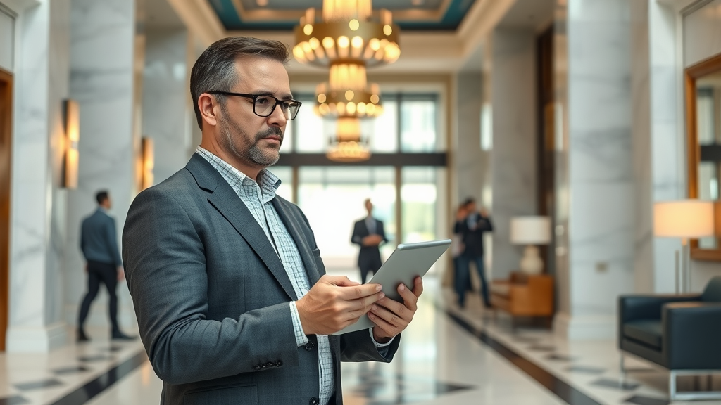 Experienced property manager using technology in multi-family property lobby