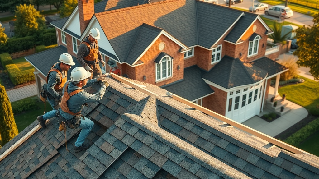 Professional roofers replacing shingles with modern materials on large Staten Island home, focused teamwork, golden hour lighting
