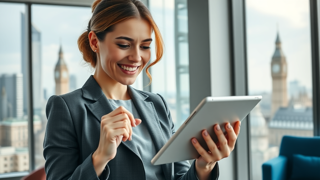 London businesswoman reviewing successful sales results from business directory listings