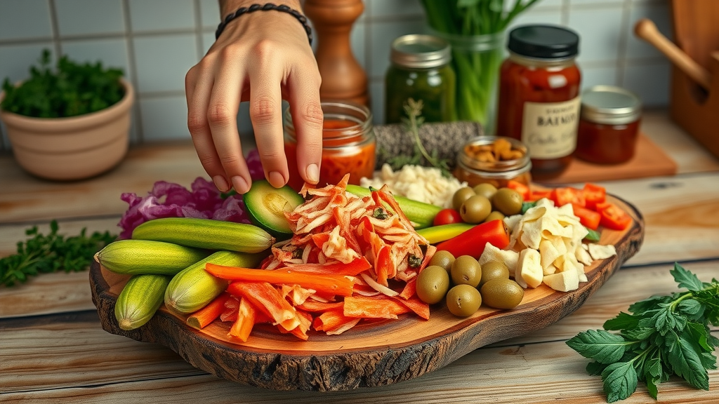 Hands assembling probiotic fermented food platter with fresh herbs and vegetables