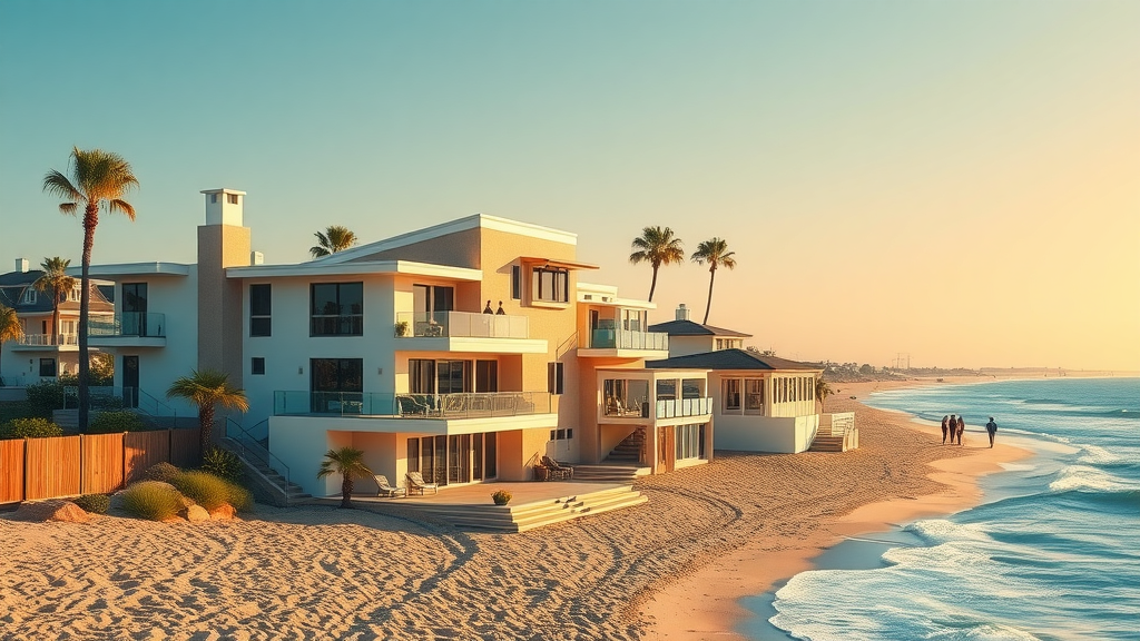 Luxury Huntington Beach homes with palm trees, ocean view, and golden hour lighting.