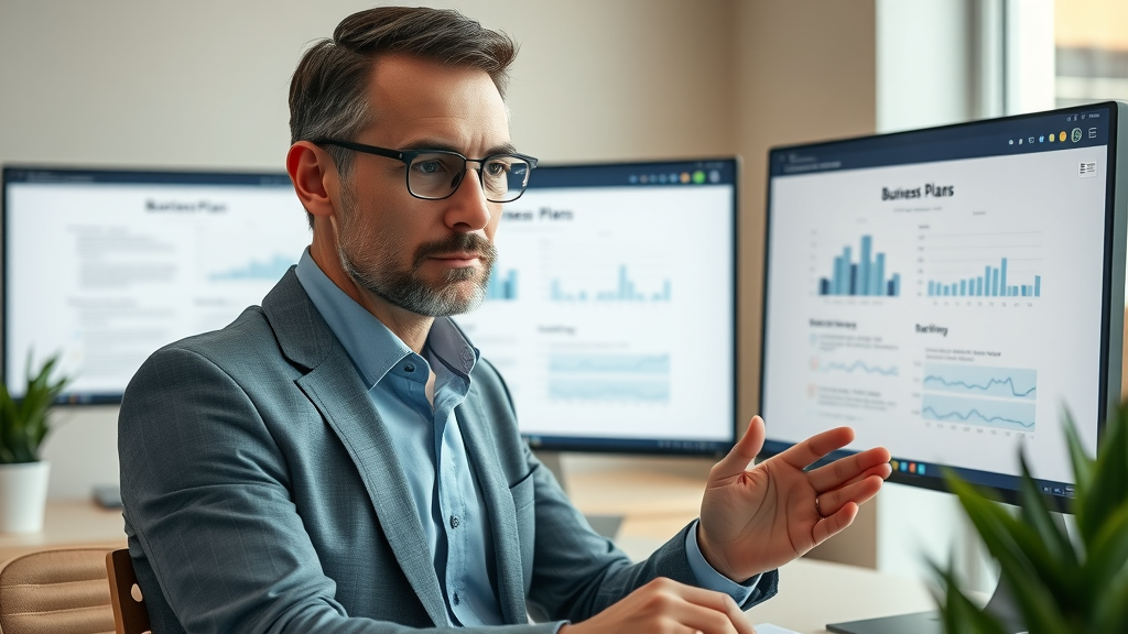 Business consultant comparing templates for a business plan for 2025 on digital screens