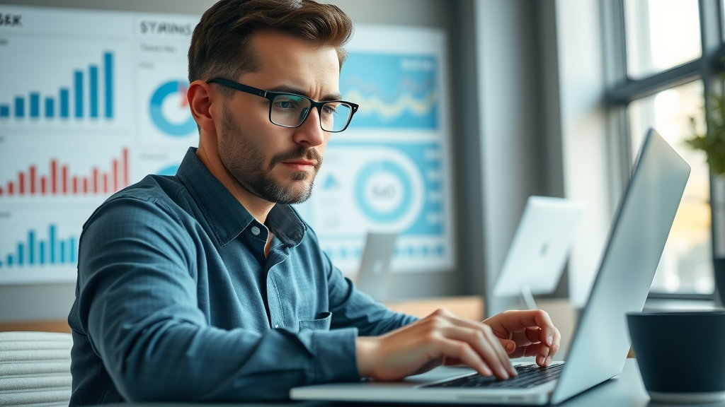 on-page optimization business analyst reviewing seo statistics on a laptop in a modern office