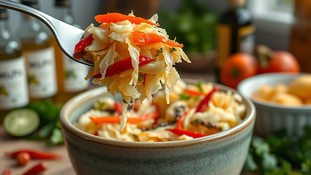 Fork lifting probiotic sauerkraut and kimchi from ceramic bowl, rich in live cultures