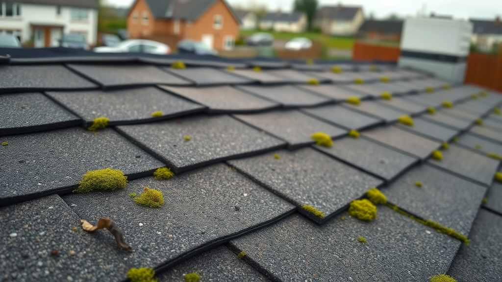 staten island roof clean close-up of damaged asphalt shingles with moss and curling edges, highly detailed, partial roofline in suburban Staten Island backdrop