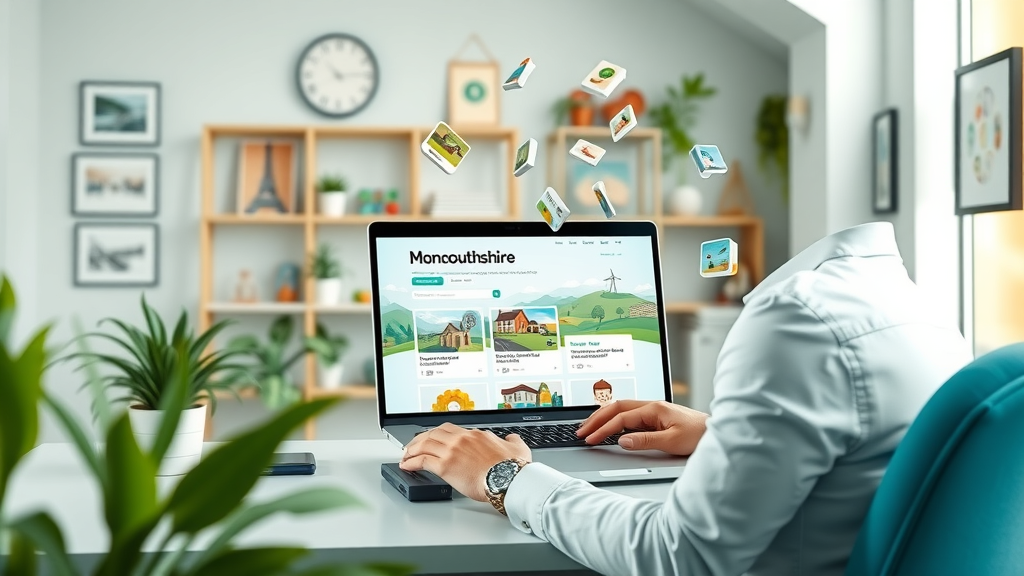 Elegant and inviting web design for Monmouthshire business, presented on laptop by web designer, showcasing local branding, web design Monmouthshire