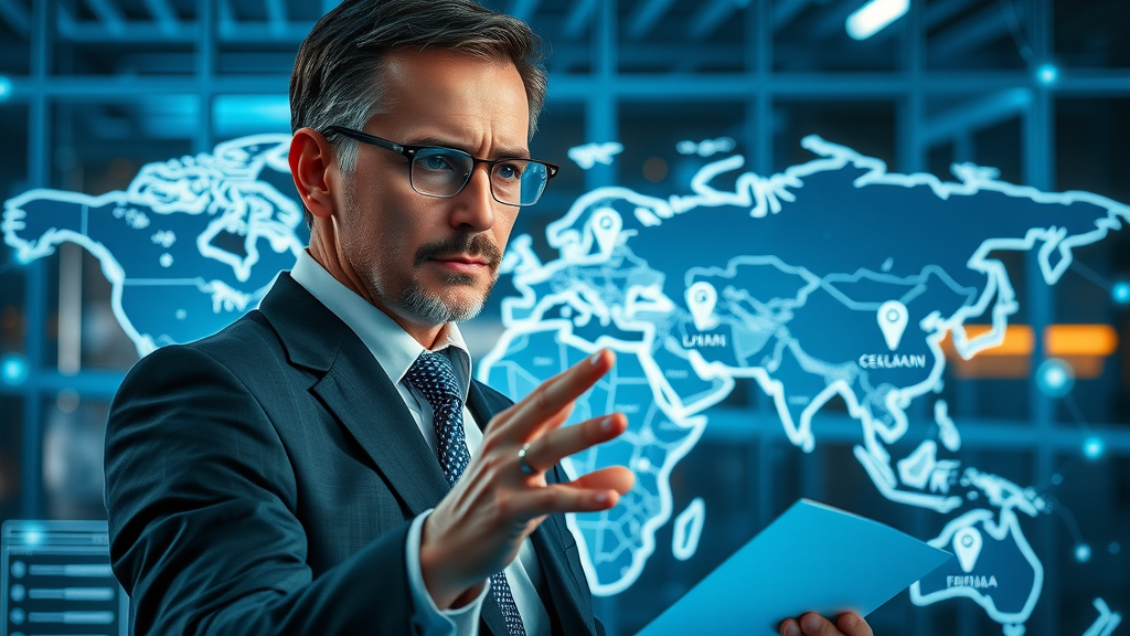 corporate office with futuristic digital map showing multiple business locations, local SEO for franchises